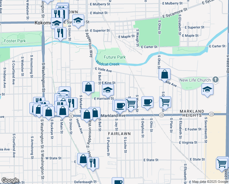 map of restaurants, bars, coffee shops, grocery stores, and more near 729 South Jay Street in Kokomo