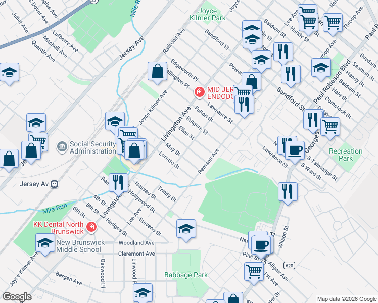 map of restaurants, bars, coffee shops, grocery stores, and more near 22 Juliet Street in New Brunswick
