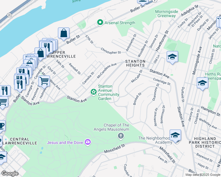 map of restaurants, bars, coffee shops, grocery stores, and more near 4351 Coleridge Street in Pittsburgh