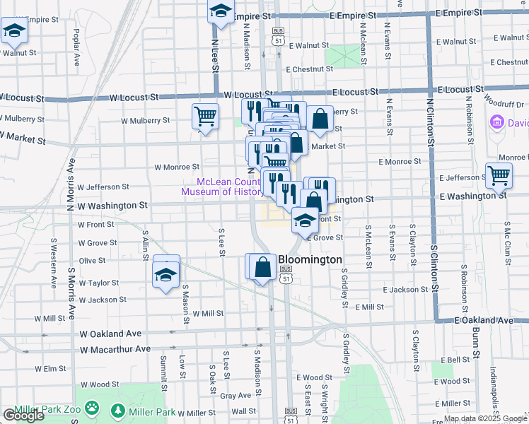 map of restaurants, bars, coffee shops, grocery stores, and more near 110 North Center Street in Bloomington