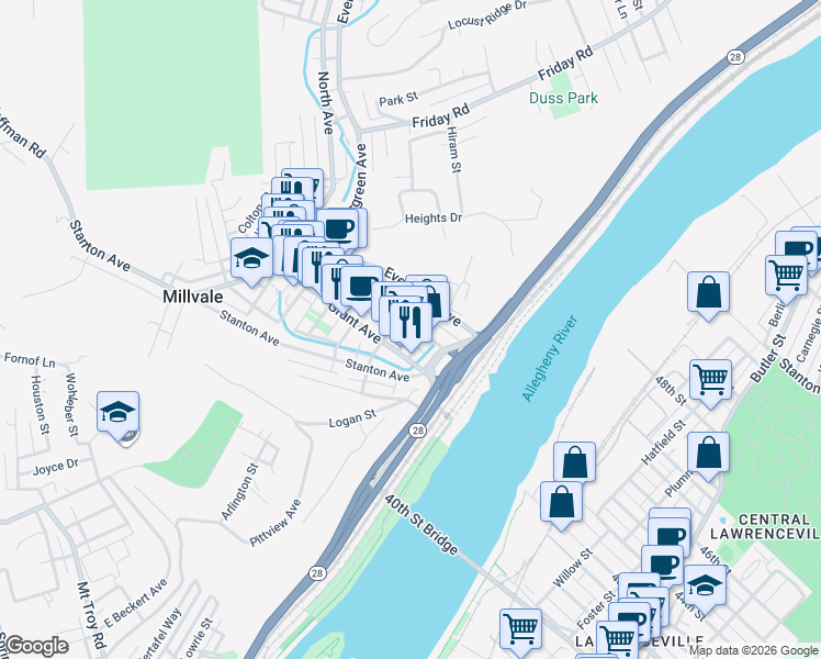 map of restaurants, bars, coffee shops, grocery stores, and more near 128 Lincoln Avenue in Millvale