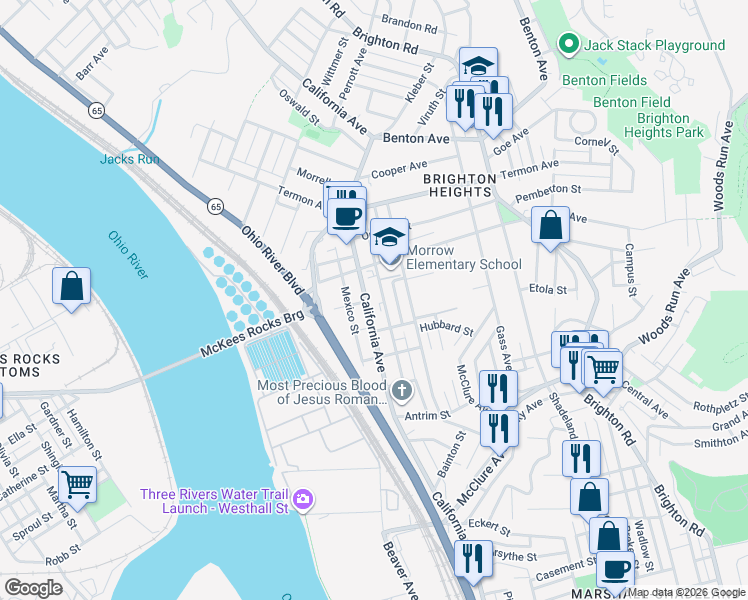 map of restaurants, bars, coffee shops, grocery stores, and more near 3532 California Avenue in Pittsburgh