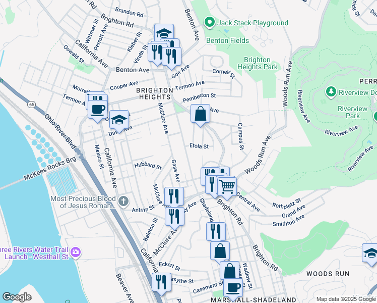 map of restaurants, bars, coffee shops, grocery stores, and more near 3466 Shadeland Avenue in Pittsburgh