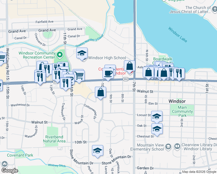 map of restaurants, bars, coffee shops, grocery stores, and more near 216 9th Street in Windsor