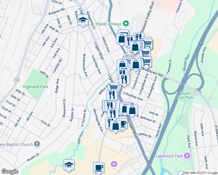 map of restaurants, bars, coffee shops, grocery stores, and more near 503 Coleridge Ave in Altoona