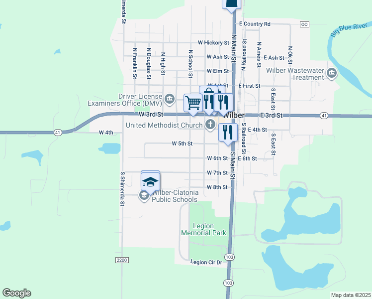 map of restaurants, bars, coffee shops, grocery stores, and more near 511 North School Street in Wilber