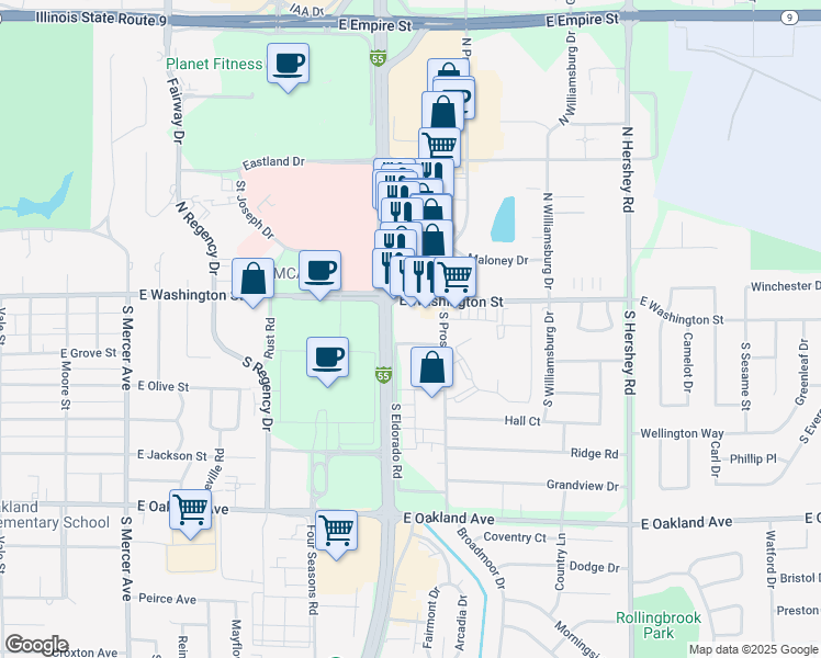 map of restaurants, bars, coffee shops, grocery stores, and more near 211 Catalpa Drive in Bloomington
