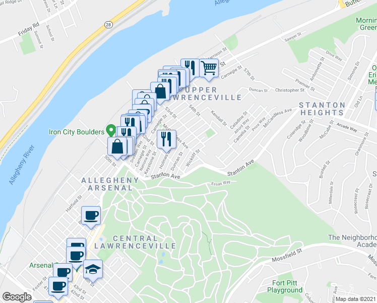 map of restaurants, bars, coffee shops, grocery stores, and more near 810 McCandless Avenue in Pittsburgh