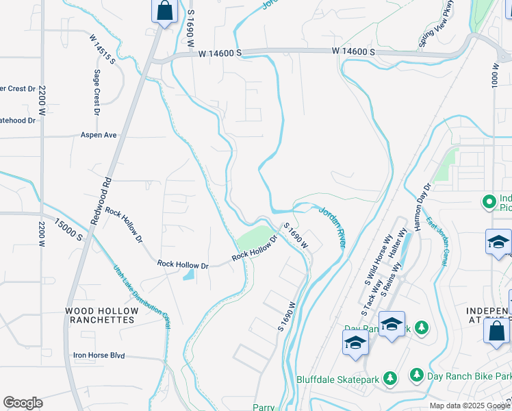 map of restaurants, bars, coffee shops, grocery stores, and more near 1586 Rock Hollow Drive in Bluffdale