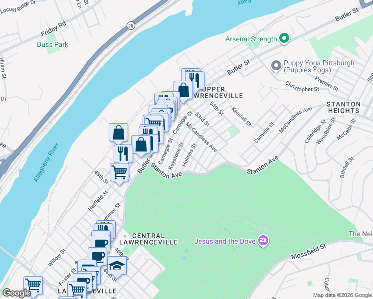 map of restaurants, bars, coffee shops, grocery stores, and more near in Pittsburgh