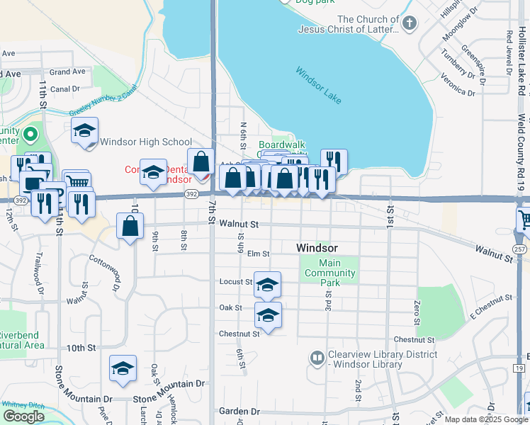 map of restaurants, bars, coffee shops, grocery stores, and more near 217 5th Street in Windsor