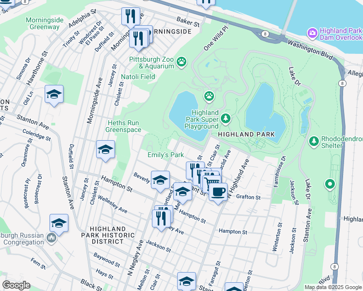 map of restaurants, bars, coffee shops, grocery stores, and more near 1422 North Negley Avenue in Pittsburgh