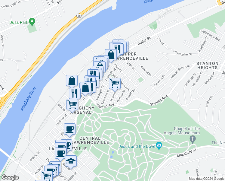 map of restaurants, bars, coffee shops, grocery stores, and more near in Pittsburgh