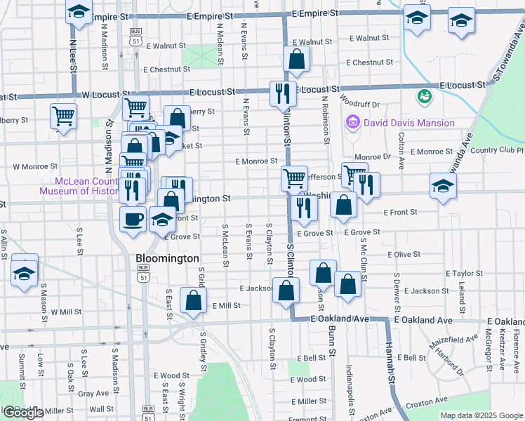 map of restaurants, bars, coffee shops, grocery stores, and more near 612 East Front Street in Bloomington