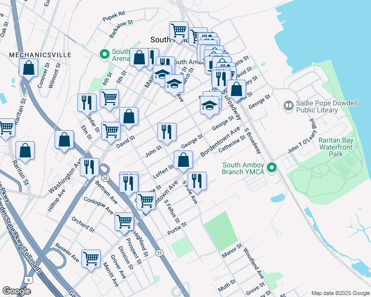 map of restaurants, bars, coffee shops, grocery stores, and more near 341 George Street in South Amboy