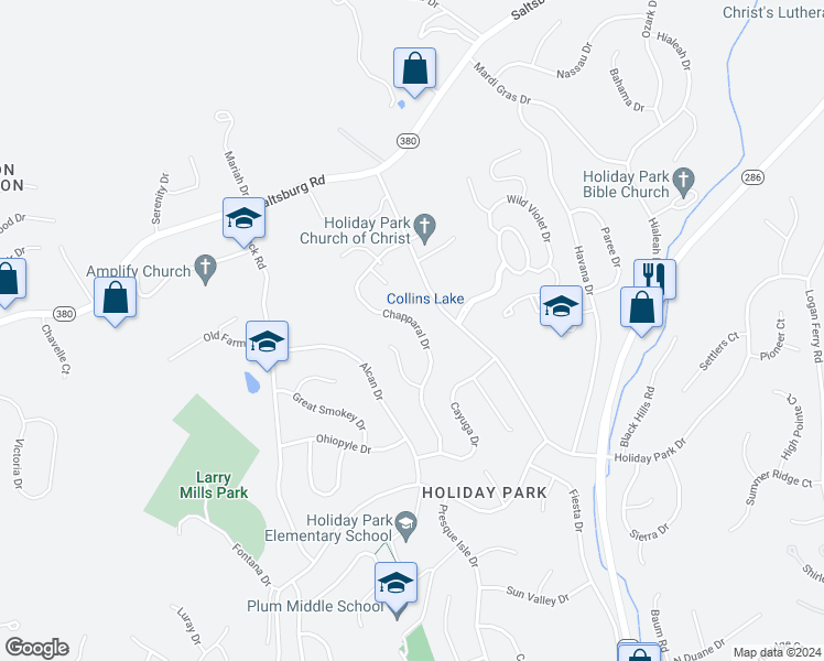 map of restaurants, bars, coffee shops, grocery stores, and more near 2246 Chapparal Drive in Pittsburgh