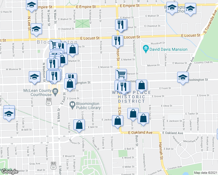 map of restaurants, bars, coffee shops, grocery stores, and more near 612 East Front Street in Bloomington