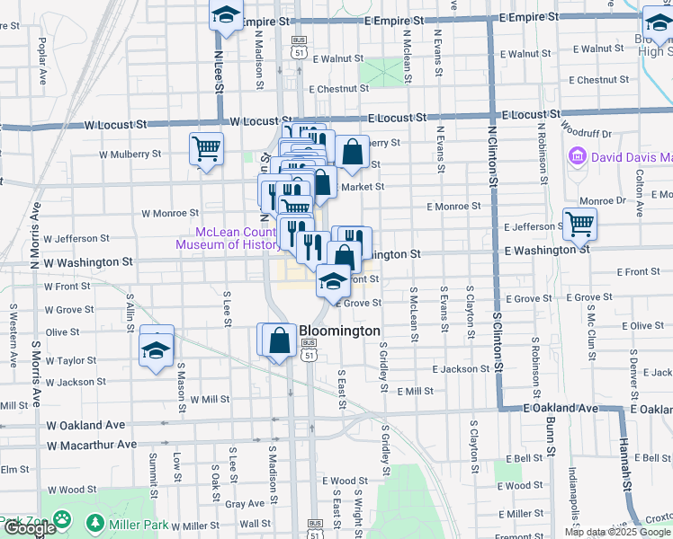 map of restaurants, bars, coffee shops, grocery stores, and more near 201 East Washington Street in Bloomington
