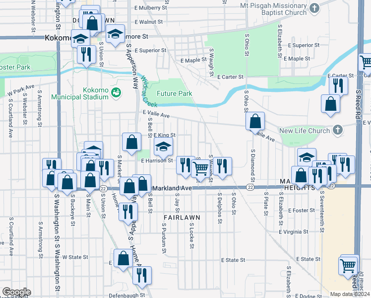 map of restaurants, bars, coffee shops, grocery stores, and more near 820 East Harrison Street in Kokomo