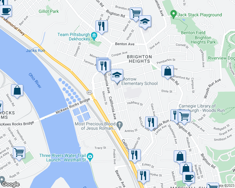 map of restaurants, bars, coffee shops, grocery stores, and more near 3530 Massachusetts Avenue in Pittsburgh