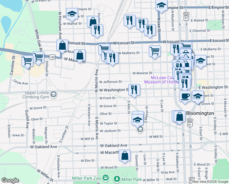 map of restaurants, bars, coffee shops, grocery stores, and more near 822 West Washington Street in Bloomington