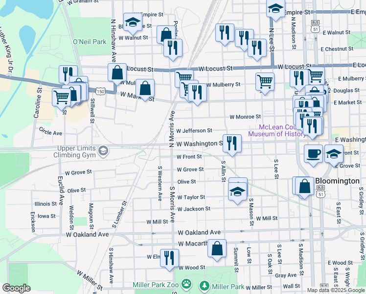 map of restaurants, bars, coffee shops, grocery stores, and more near 908 West Washington Street in Bloomington