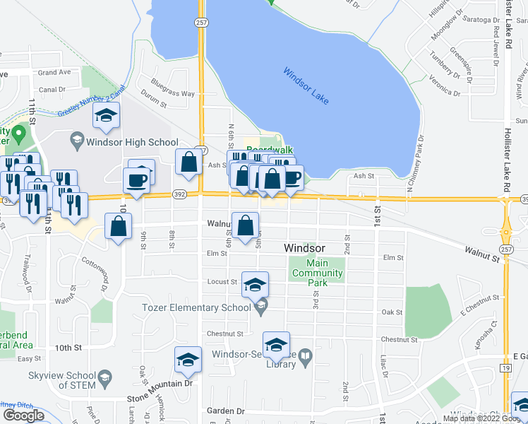 map of restaurants, bars, coffee shops, grocery stores, and more near 217 5th Street in Windsor