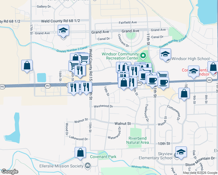 map of restaurants, bars, coffee shops, grocery stores, and more near 1375 Main Street in Windsor