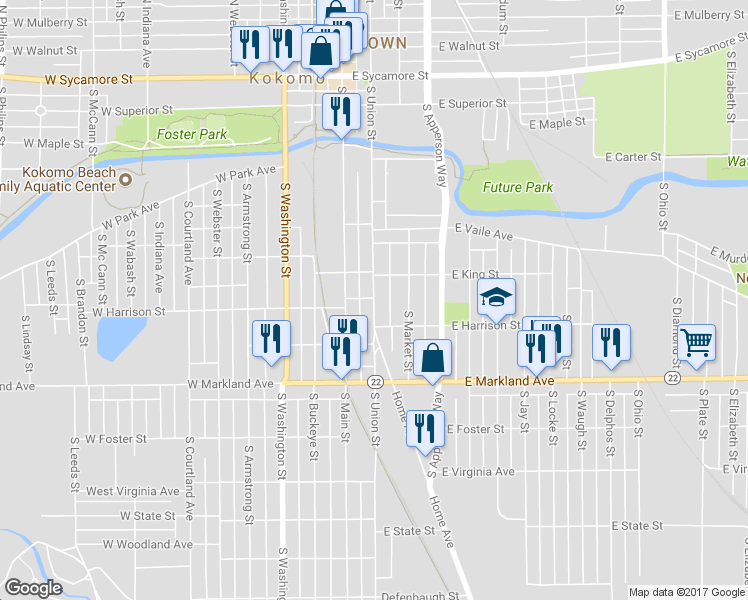 map of restaurants, bars, coffee shops, grocery stores, and more near 748 South Union Street in Kokomo