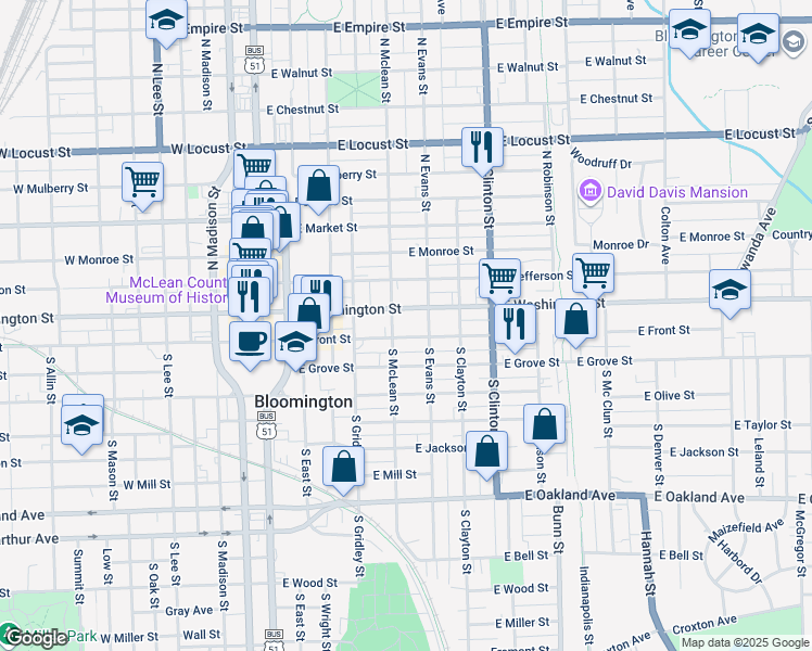 map of restaurants, bars, coffee shops, grocery stores, and more near 502 East Front Street in Bloomington