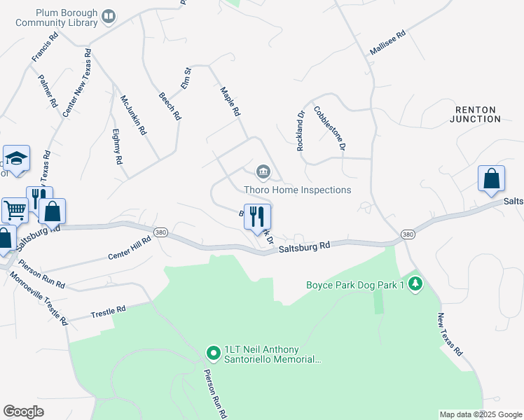 map of restaurants, bars, coffee shops, grocery stores, and more near 8105 Nuttals Grove Road in Plum