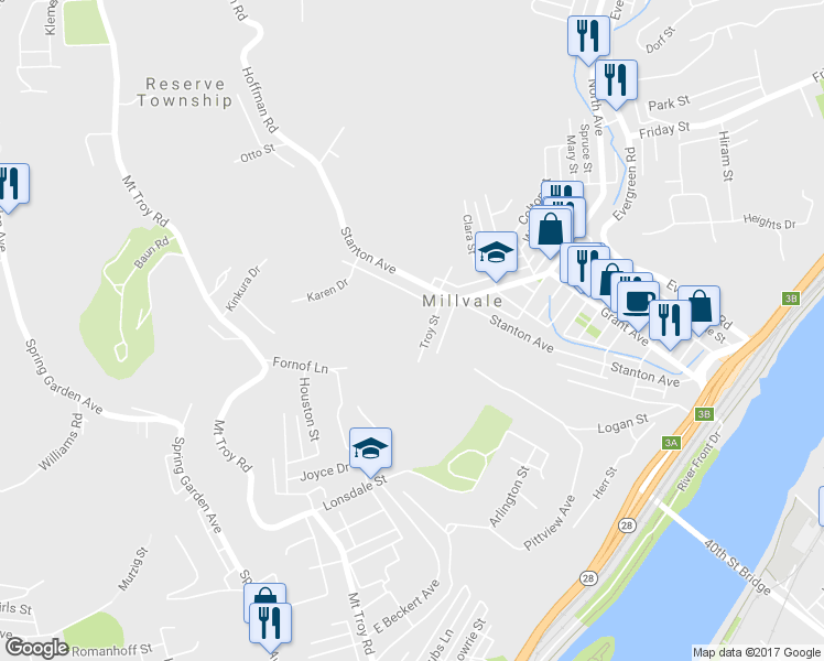 map of restaurants, bars, coffee shops, grocery stores, and more near 38 Troy Street in Pittsburgh