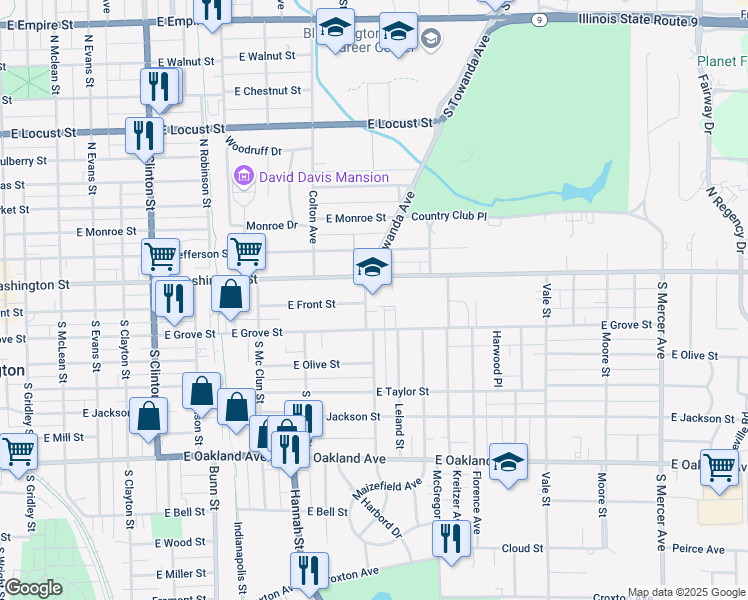 map of restaurants, bars, coffee shops, grocery stores, and more near 1201 East Washington Street in Bloomington