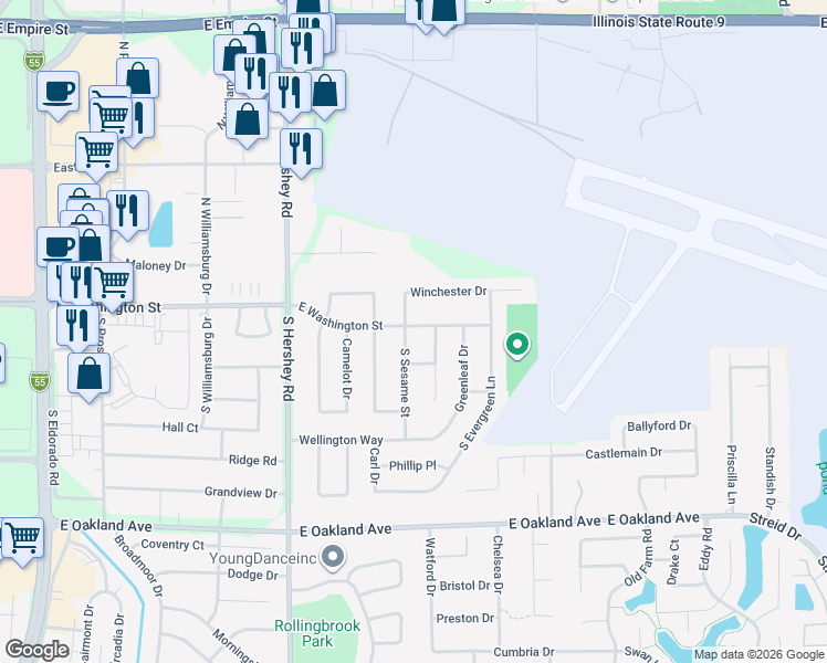 map of restaurants, bars, coffee shops, grocery stores, and more near 2901 East Washington Street in Bloomington