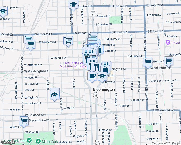 map of restaurants, bars, coffee shops, grocery stores, and more near 110 North Center Street in Bloomington