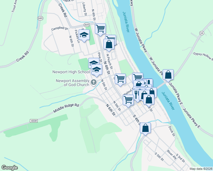 map of restaurants, bars, coffee shops, grocery stores, and more near 220 North 5th Street in Newport