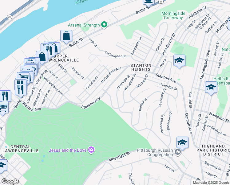 map of restaurants, bars, coffee shops, grocery stores, and more near 4351 Coleridge Street in Pittsburgh
