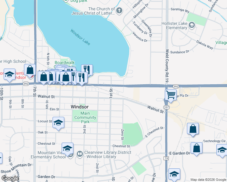map of restaurants, bars, coffee shops, grocery stores, and more near 235 1st Street in Windsor