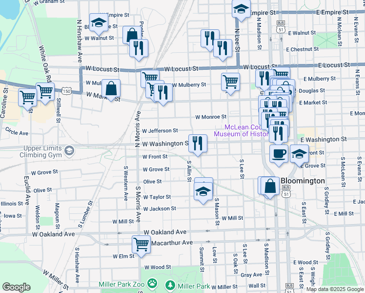 map of restaurants, bars, coffee shops, grocery stores, and more near 812 West Washington Street in Bloomington