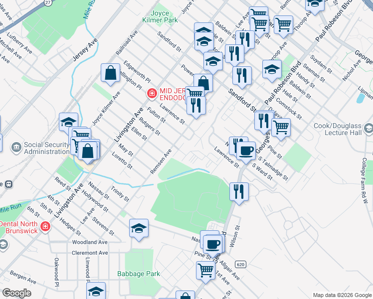 map of restaurants, bars, coffee shops, grocery stores, and more near 402 Birch Court in New Brunswick