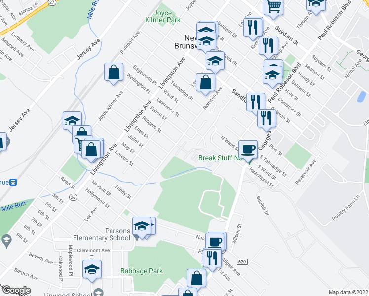 map of restaurants, bars, coffee shops, grocery stores, and more near 402 Birch Court in New Brunswick
