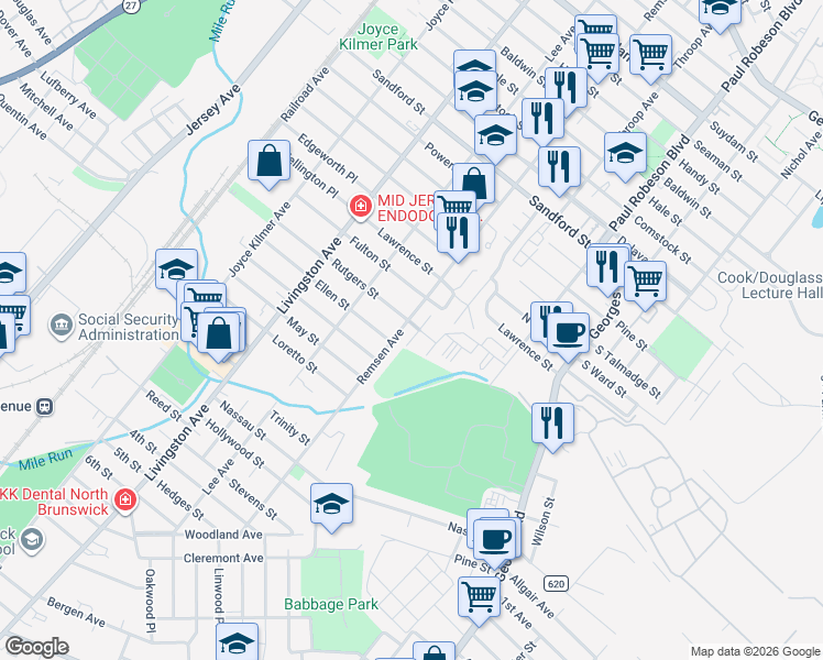 map of restaurants, bars, coffee shops, grocery stores, and more near 402 Birch Court in New Brunswick