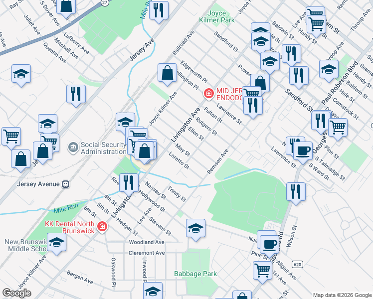 map of restaurants, bars, coffee shops, grocery stores, and more near 51 May Street in New Brunswick
