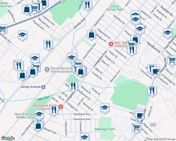 map of restaurants, bars, coffee shops, grocery stores, and more near 54 Charles Street in New Brunswick
