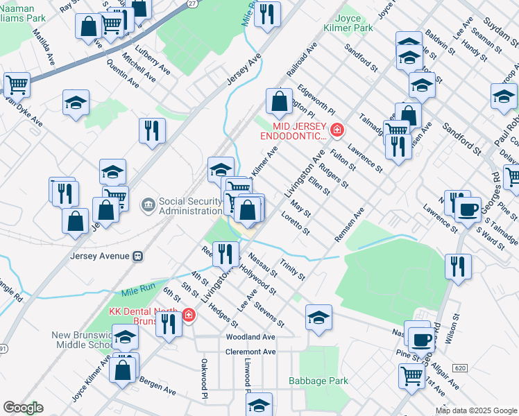 map of restaurants, bars, coffee shops, grocery stores, and more near 54 Charles Street in New Brunswick