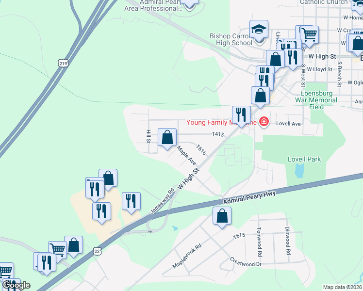 map of restaurants, bars, coffee shops, grocery stores, and more near 201-399 Pennview Street in Ebensburg