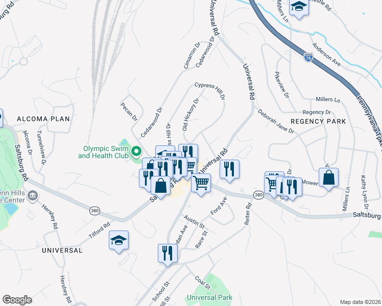 map of restaurants, bars, coffee shops, grocery stores, and more near 2931 Universal Road in Pittsburgh