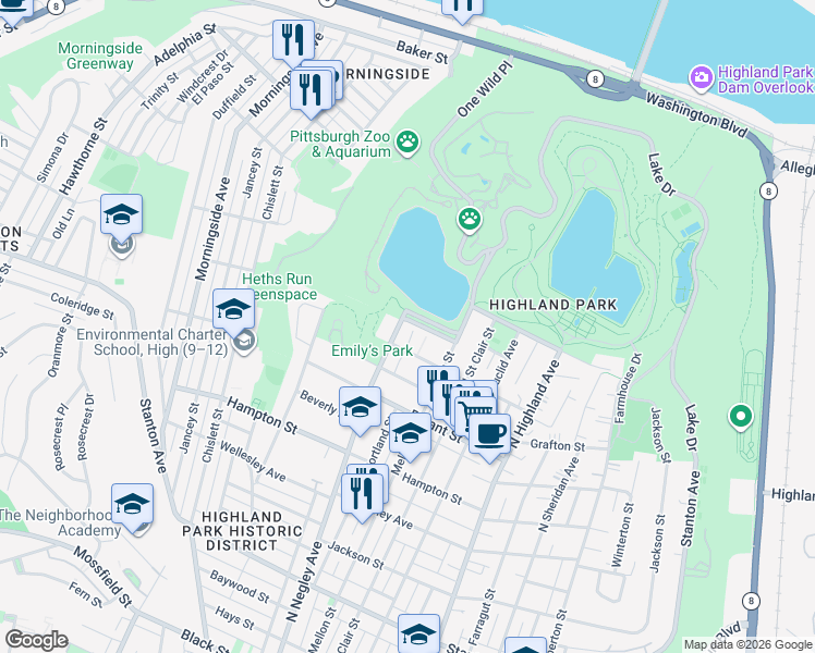 map of restaurants, bars, coffee shops, grocery stores, and more near 5 Highland Court in Pittsburgh