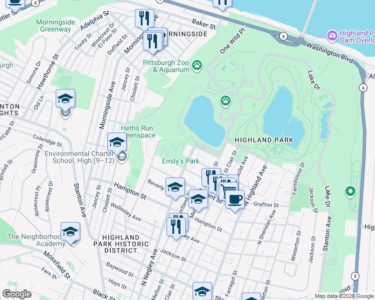 map of restaurants, bars, coffee shops, grocery stores, and more near 1403 North Negley Avenue in Pittsburgh