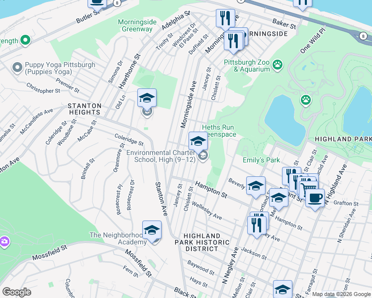 map of restaurants, bars, coffee shops, grocery stores, and more near 1156 Morningside Avenue in Pittsburgh
